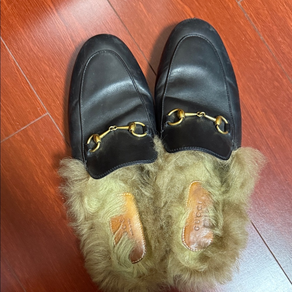 Gucci Black and Gold Fur-Lined Slippers